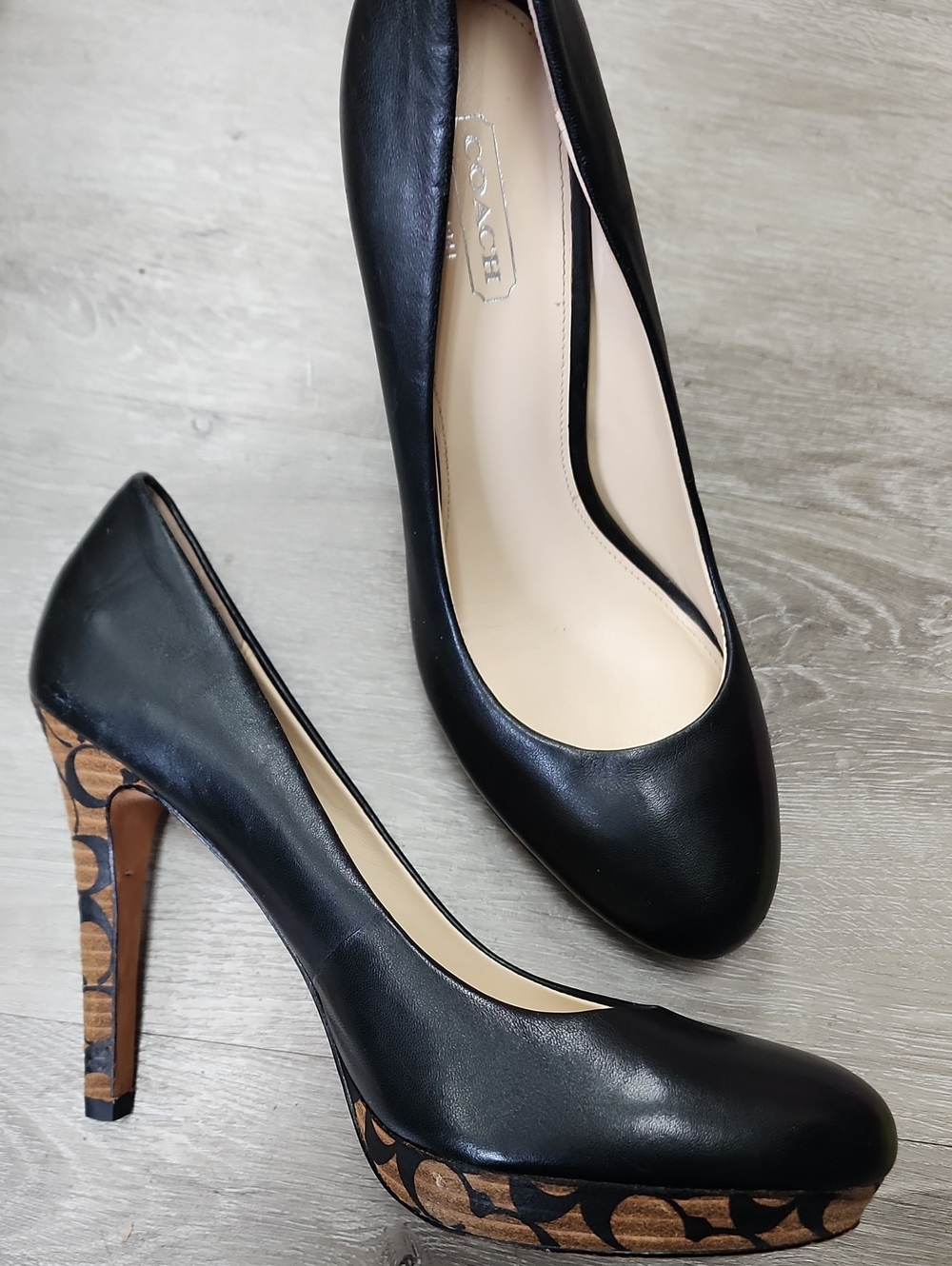 Coach Black Leather Platform Pumps with Signature Logo Heel